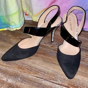 THE LIMITED BLACK GREY SUEDED PATENT SNAKE HIGH  HEEL SPIKE SLINGBACK SHOES 10